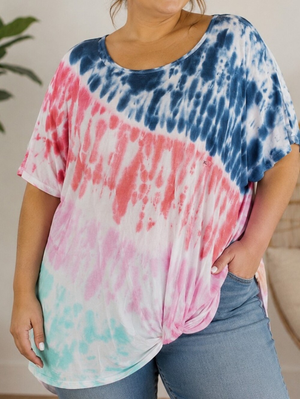 Tie-Dye Scoop Neck Tee in Navy, Coral & Mint